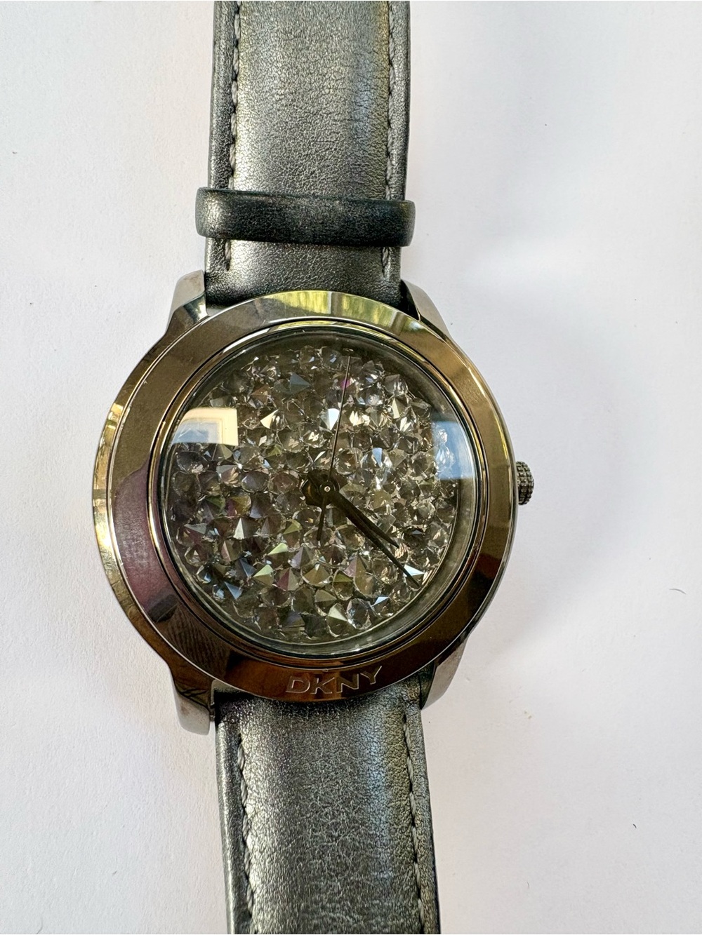 DKNY Crystal Pavé Dial Leather Strap Watch in Silver Gray